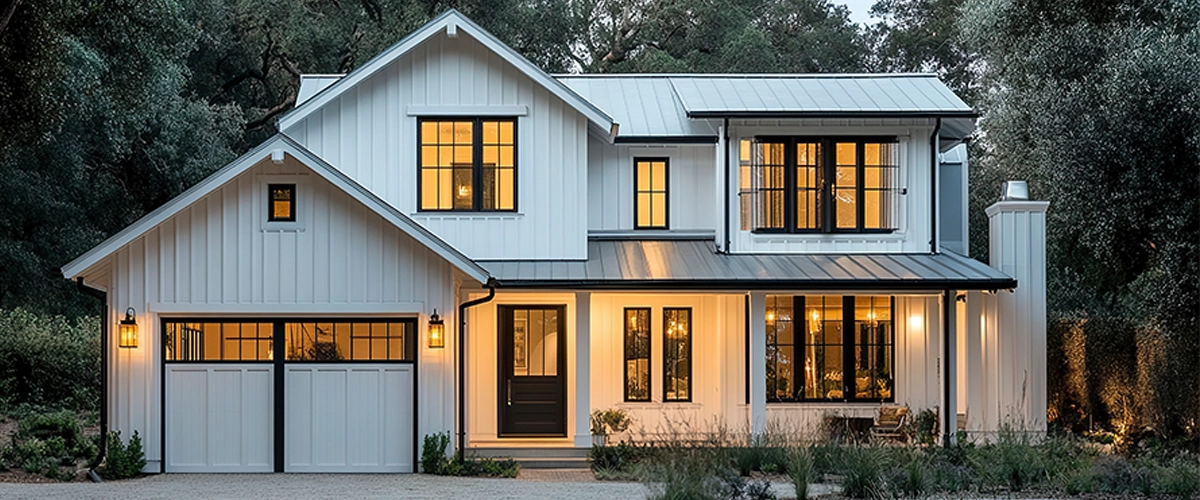 A Contemporary white house with vertical board and batten siding