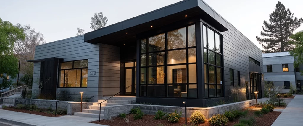 Modern building in aluminum siding and flat angled roofline and front windows
