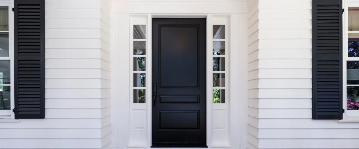 A house exterior features white horizontal siding and white trim around the door and windows