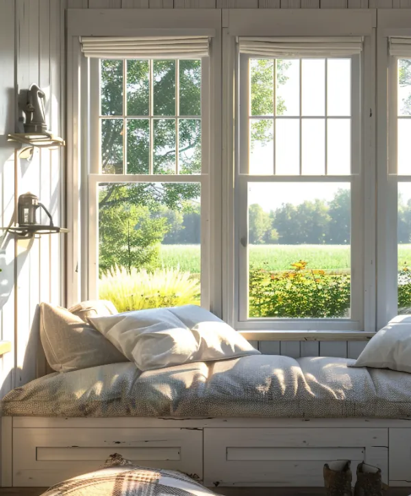 cozy window seat in a room with a light, airy aesthetic featuring double-hung windows