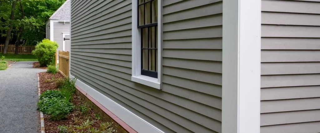 Perspective view of a long exterior wall finished with light gray siding running alongside a stone garden pathway and manicured landscaping.