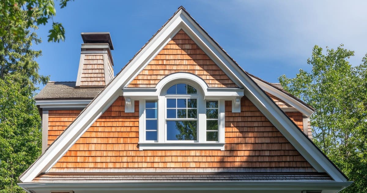 A high-end residential home featuring natural cedar shake siding with elegant white architectural trim around a central arched window.