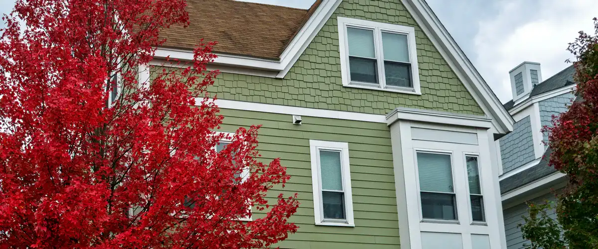 Detailed view of a house with light green shake and lap siding partially obscured by a vibrant red maple tree.