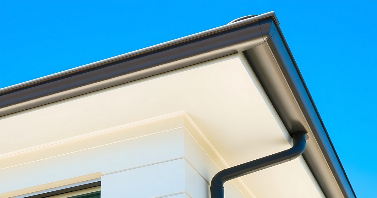 Close up of durable James Hardie soffit panels installed on a modern white home with black gutters against a clear blue sky.