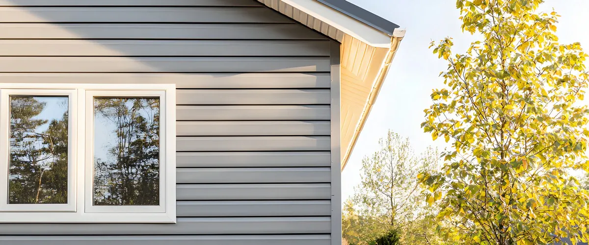 A close-up view of newly installed horizontal light gray vinyl siding on a residential home featuring a clean white window frame and crisp roofline trim against a clear sky.