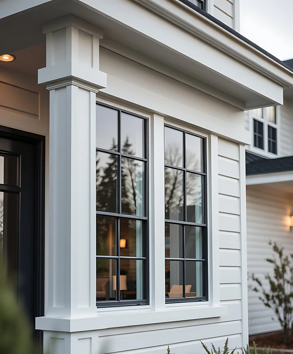 Professional window replacement in Chalco, NE, featuring modern black-frame windows on a white siding home.