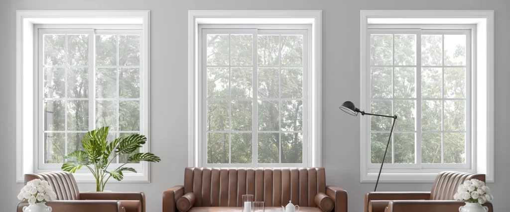 Three large white-framed windows with classic grilles behind a brown leather channeled sofa, modern floor lamp, and indoor plants in a contemporary living room.