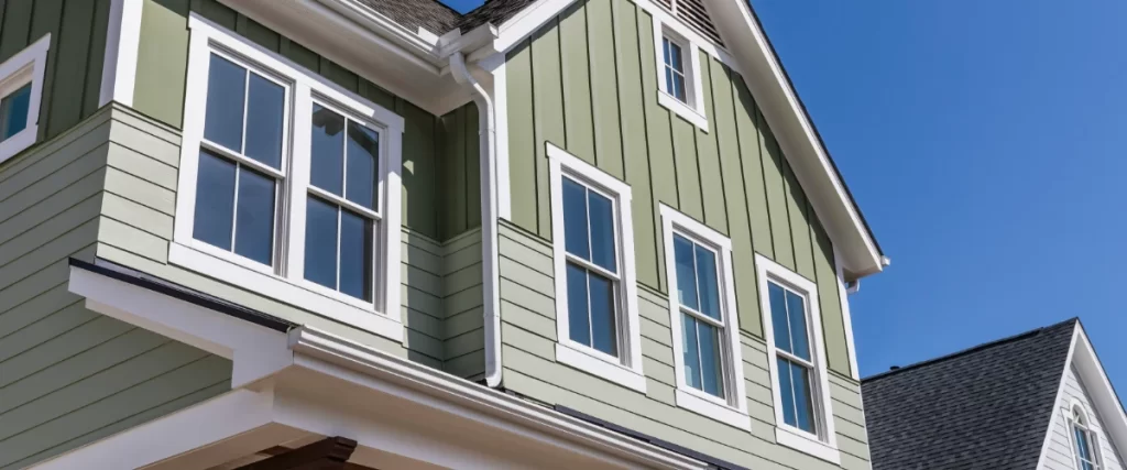 A beautiful two-story home exterior painted light green, showcasing a versatile siding material mix of vertical board-and-batten on the upper gable and horizontal lap on the lower half.