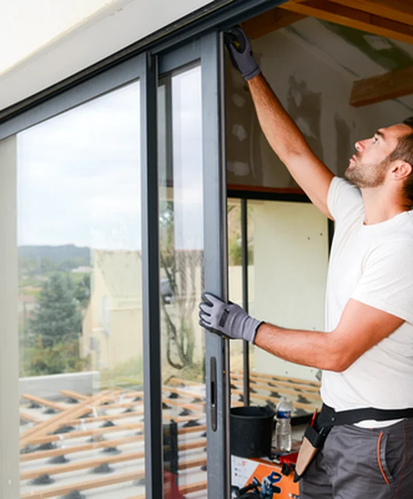 professional contractor in West Omaha NE installing high quality sliding glass doors with precision tools