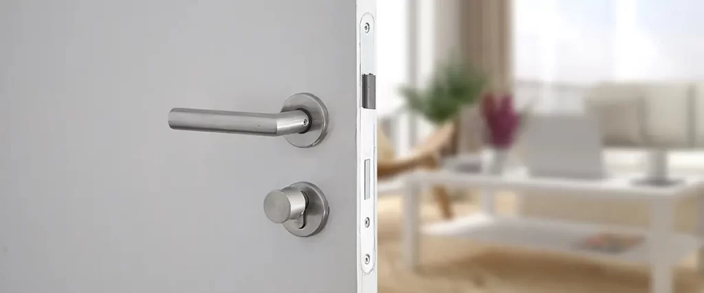 Contemporary interior door with modern lever handle installed in a bright residential home