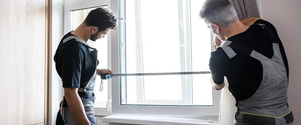 Window installation contractors measuring replacement window for a precise custom fit.